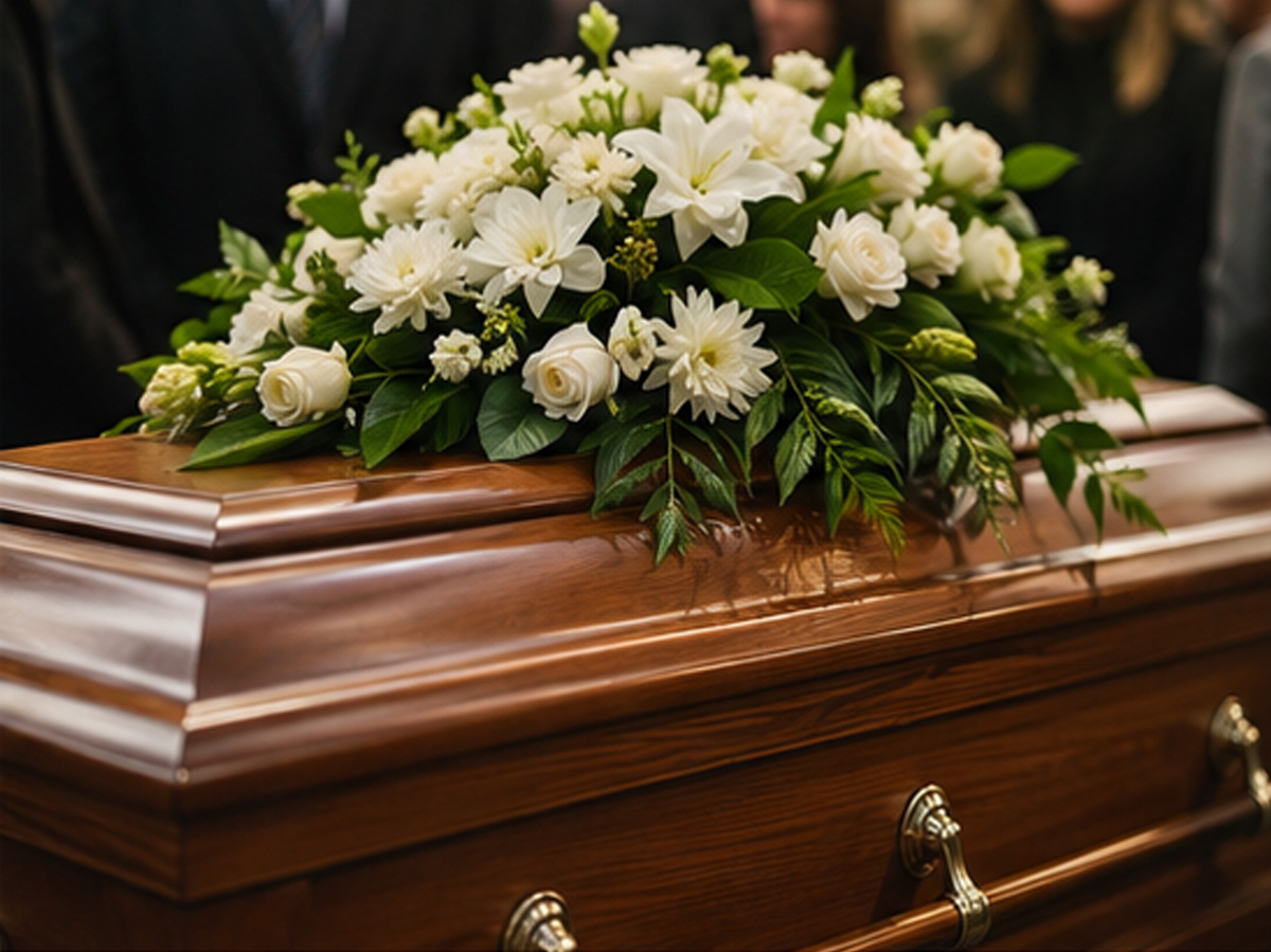 White flowers on a casket